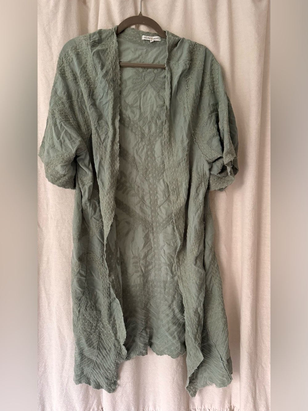 Woven Heart Sage Green Lace-Trim Open Cardigan Duster